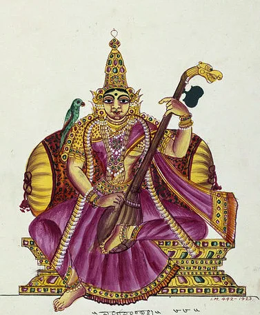 As in this early 19th century South Indian painting, Raja-Matangi is usually depicted playing the veena and with a parro