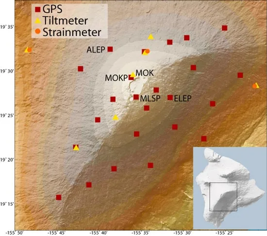 GPS stations, tiltmeters, and strainmeters on Mauna Loa's summit. Not shown: a webcam and a gas detector positioned on t