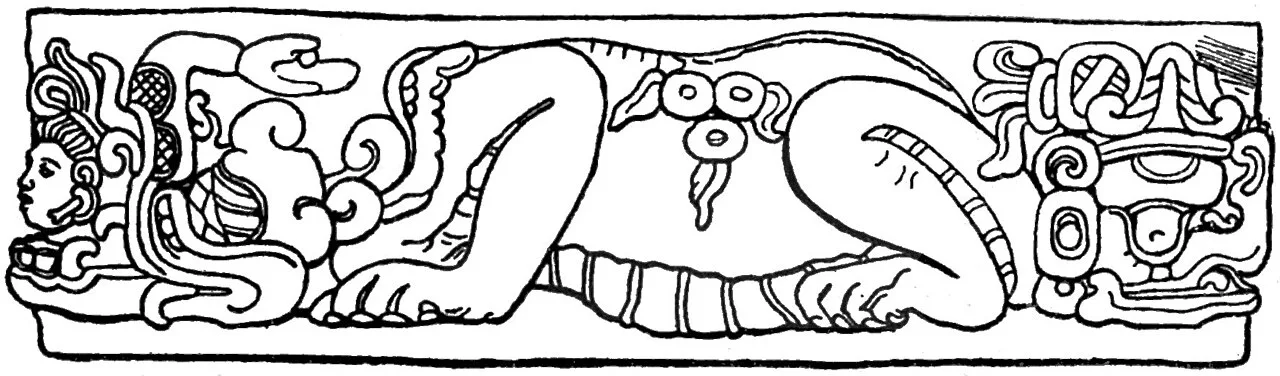 Drawing of a Mayan stone carving with elaborate decoration.