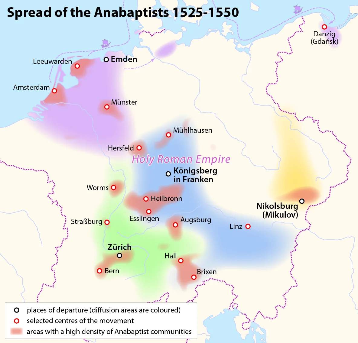 Spread of the early Anabaptists, 1525–1550