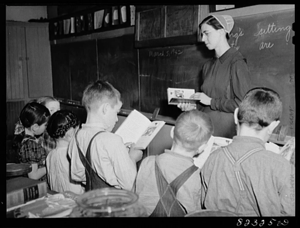 Mennonite teacher holding class in a one-room, eight-grade school house, Hinkletown, Pennsylvania, March 1942