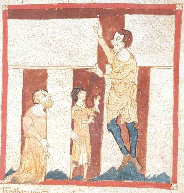 Giants help the young Merlin build Stonehenge in an illustration for a circa 1325—1350 manuscript of Wace's Roman de Bru