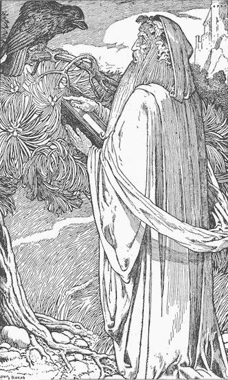Merlin, the Enchanter by Louis Rhead (1923). Merlin has been often connected with birds,[note 14] including transformati