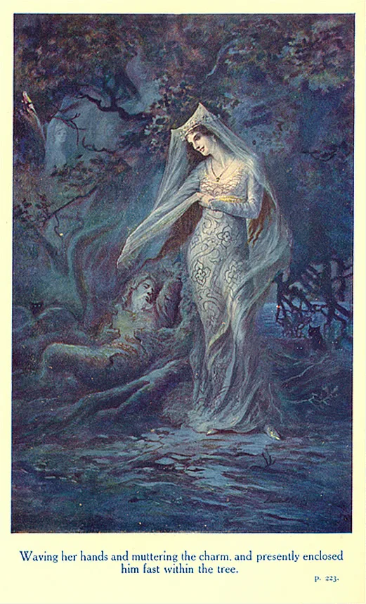 Lancelot Speed's illustration for James Thomas Knowles' The Legends of King Arthur and His Knights (1912): "Waving her h
