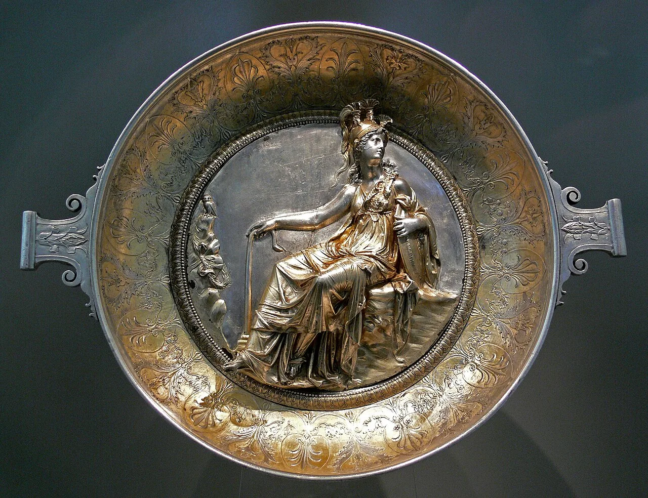 Raised-relief image of Minerva on a Roman gilt silver bowl, first century BC