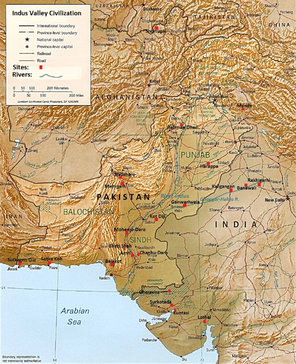 Map showing the major sites and theorised extent of the Indus Valley Civilisation, including the location of the Mohenjo