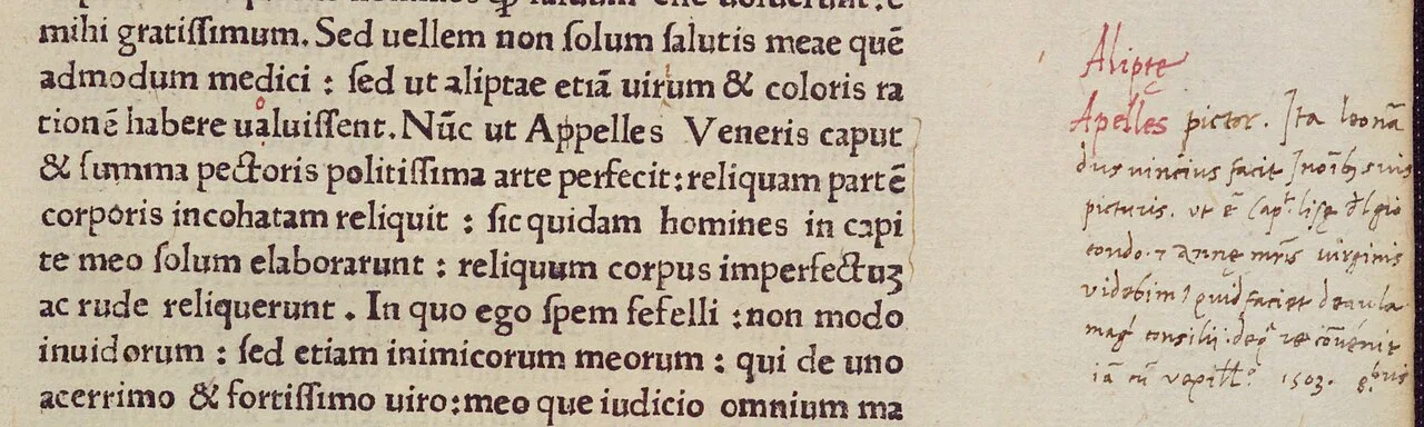 A margin note by Agostino Vespucci (visible at right) discovered in a book at Heidelberg University. Dated 1503, it stat