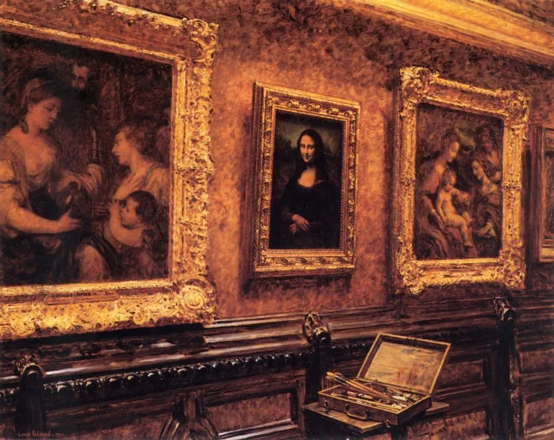 Louis Béroud's 1911 painting depicting Mona Lisa displayed in the Louvre before the theft, which Béroud discovered and r
