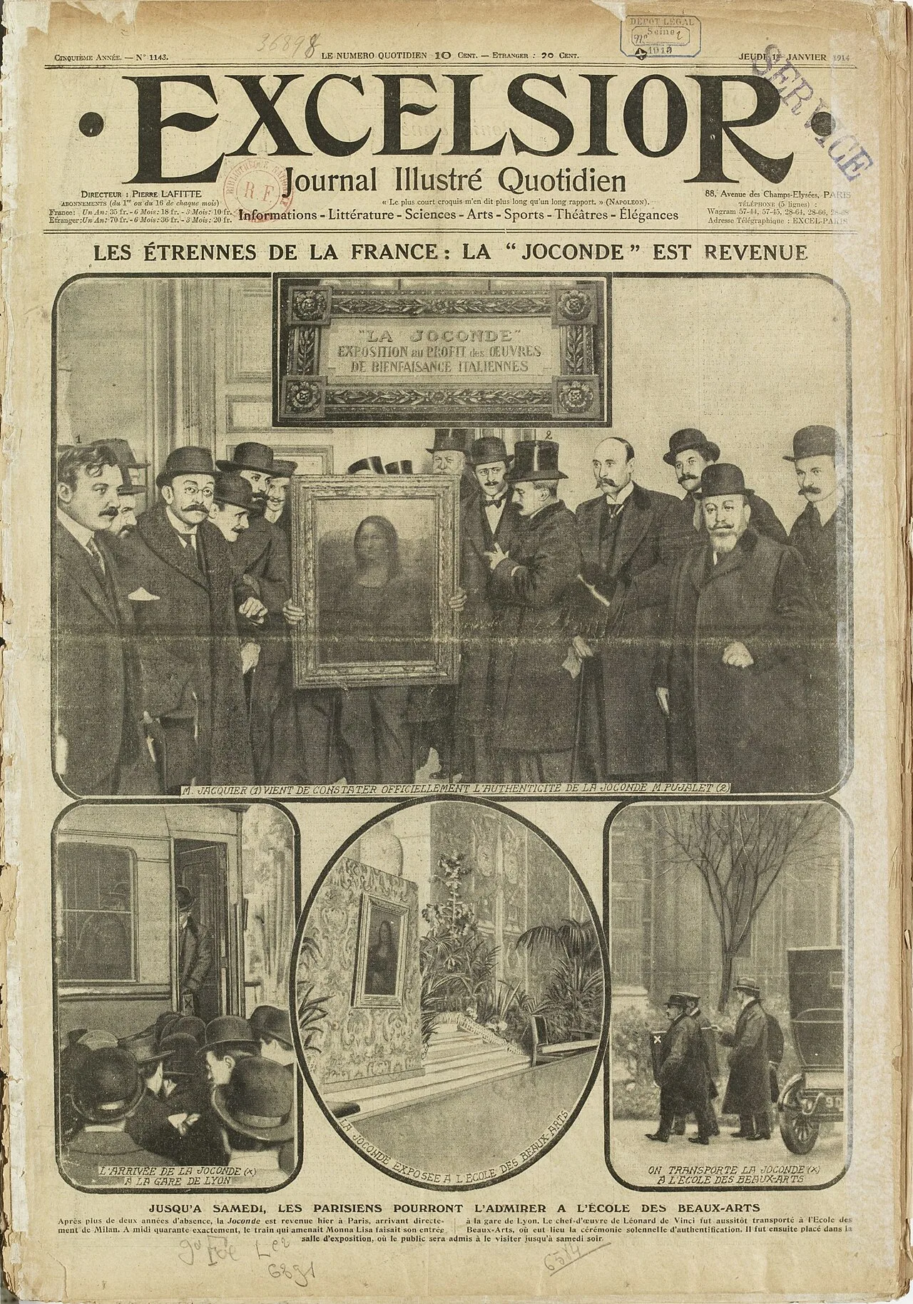 Excelsior, "La Joconde est Revenue" ("The Mona Lisa has returned"), 1 January 1914