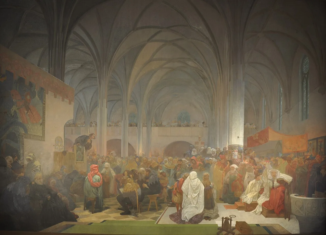 Jan Hus Preaching at Bethlehem Chapel in Prague, a 1916 portrait by Alfons Mucha