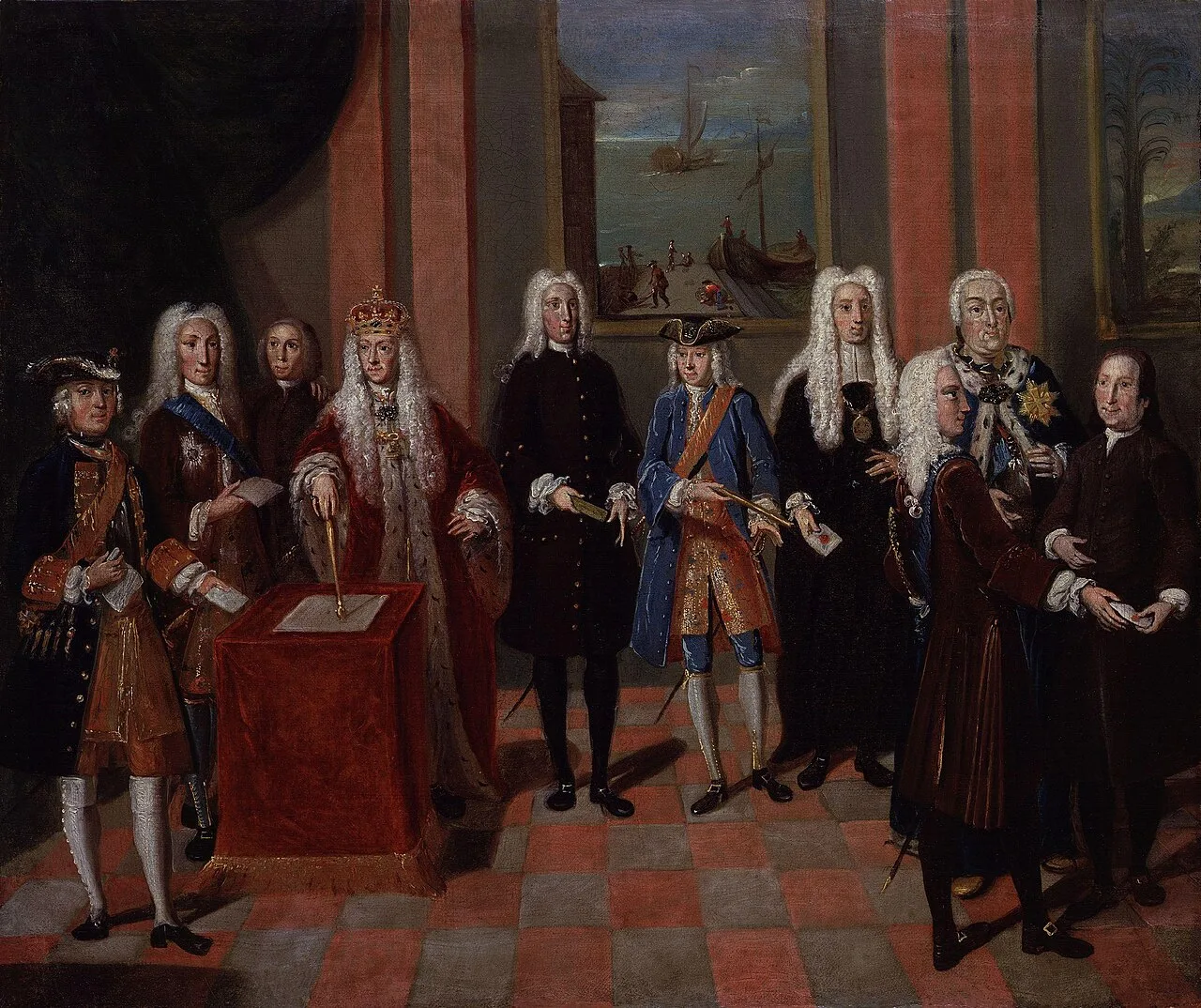 A group of Moravian Church members with George II, depicted in a portrait by Johann Valentin Haidt, c. 1752–1754