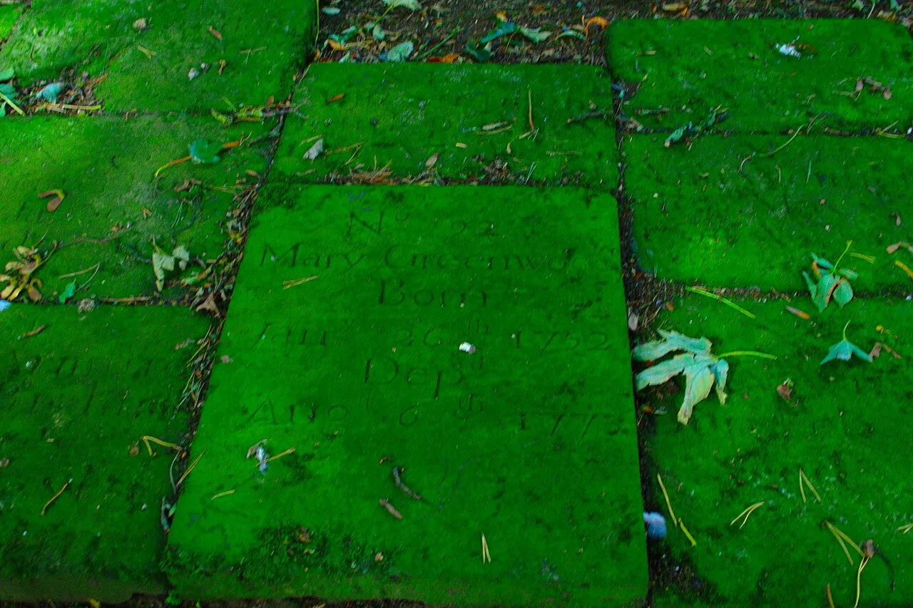 Mary Greenwoord was buried in Gracehill in County Antrim in 1752. Her gravestone is identical in style to hundreds of ot