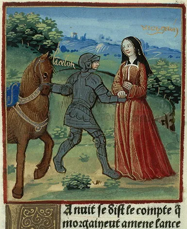 "How Morgain granted Lancelot a leave from her prison to conquer Dolereuse Gard." (Lancelot en prose c. 1494 or later)