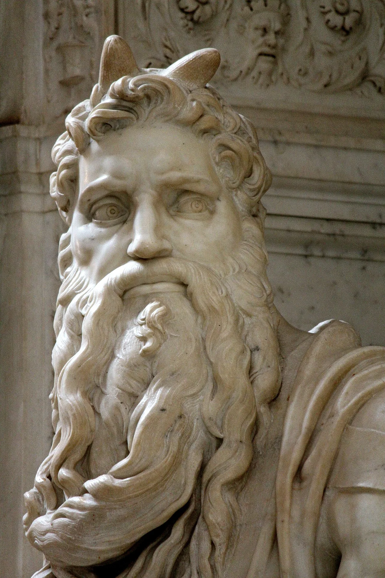 Detail of the statue's bicorned head