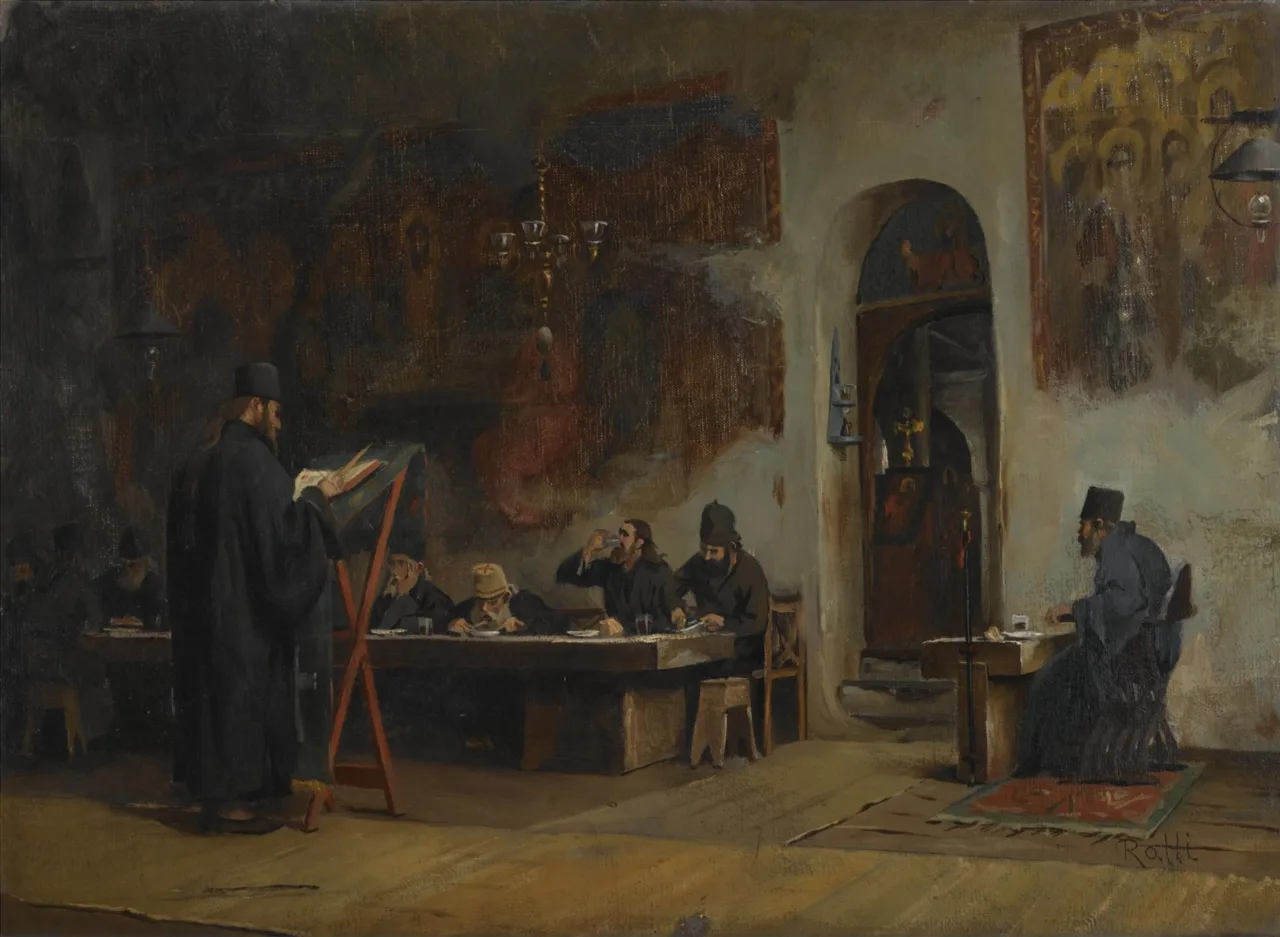 Refectory in a Greek Monastery, Mount Athos, by Théodore Jacques Ralli, 1885