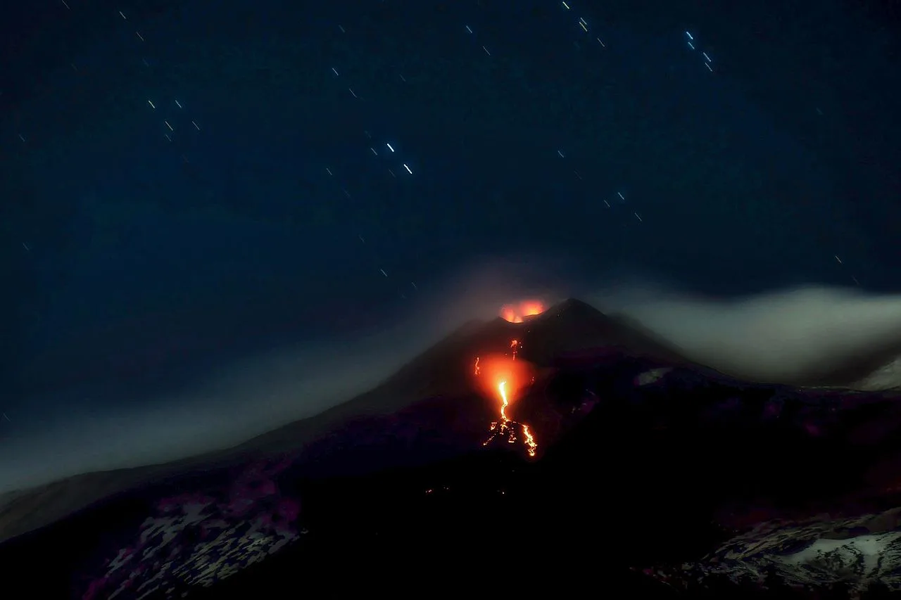 Long exposure image of a "dual-vent" eruption from Mount Etna's NSEC (New South East Crater)