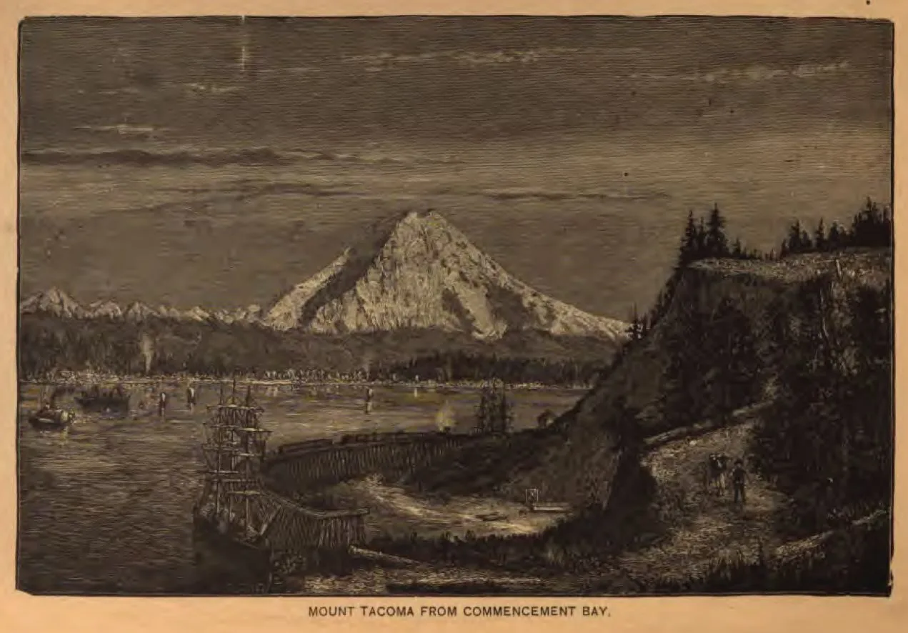 Artist rendering of Mount Tacoma from Commencement Bay, 1888.[88]
