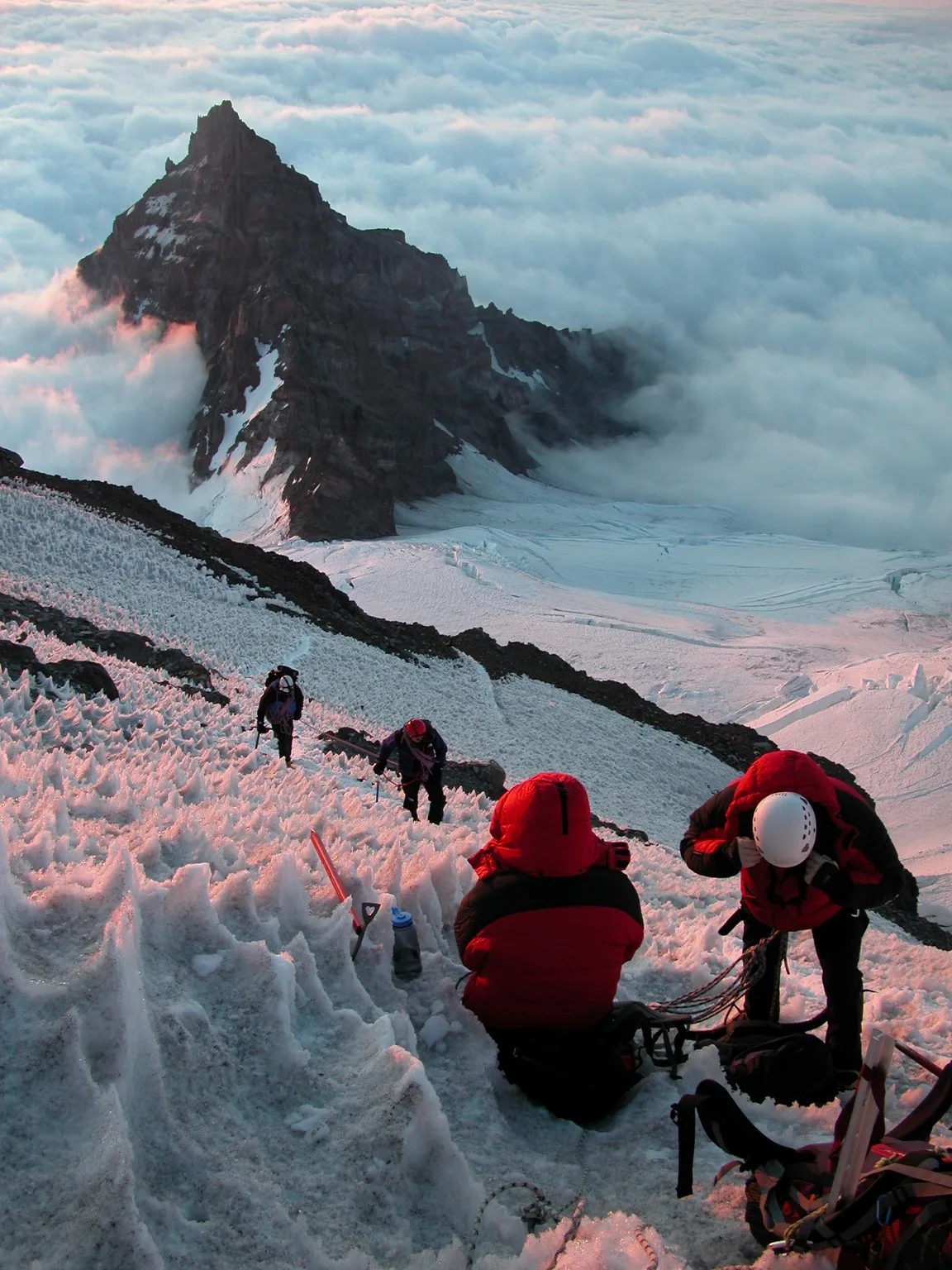 Climbers on Ingraham Glacier, above Little Tahoma