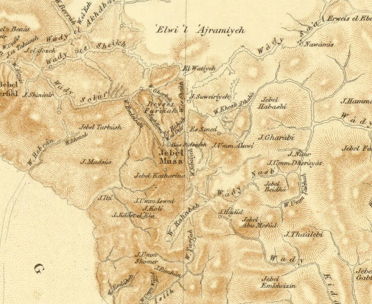 Jebel Musa in the 1869 Ordnance Survey of the Peninsula of Sinai, shown north of Mount Catherine (Jebel Katarina) and so