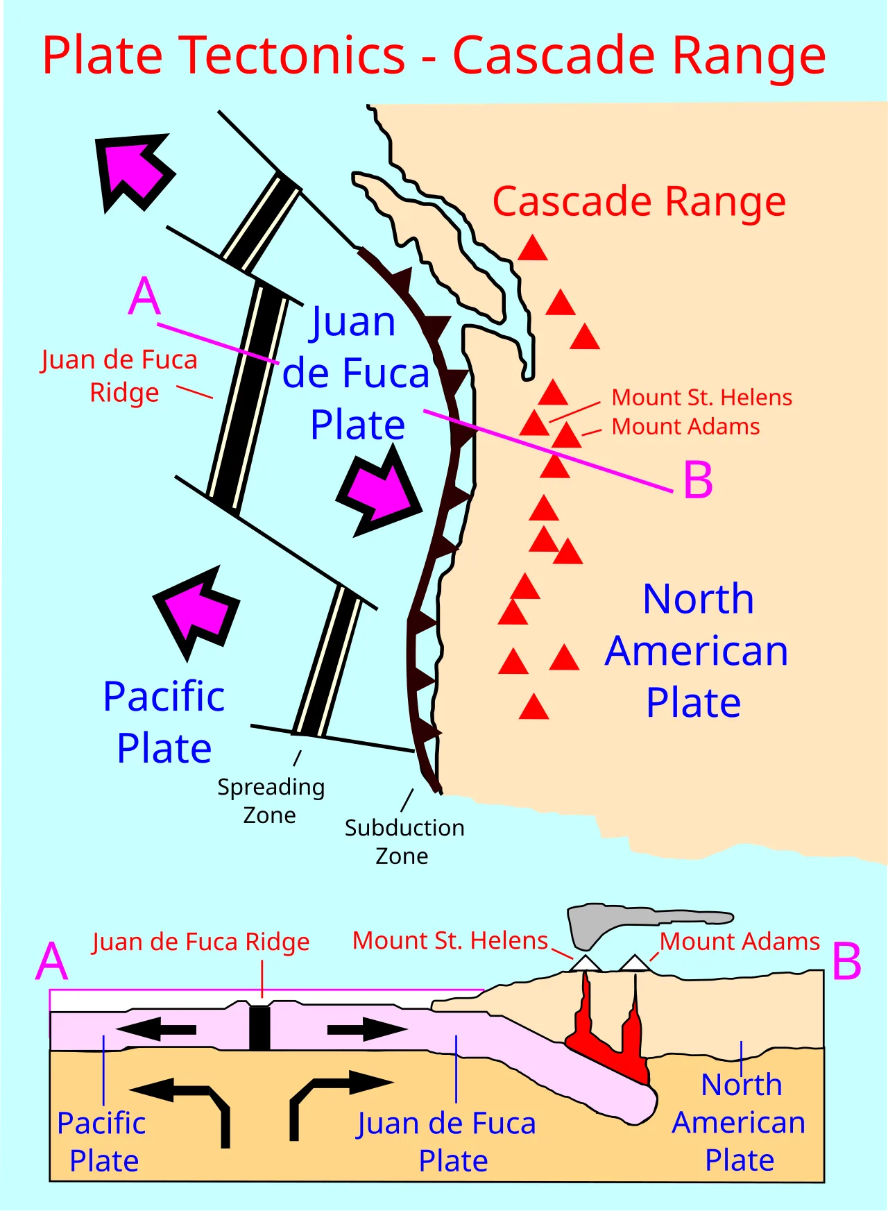 Map of the west coast of United States showing subduction zones in the ocean and location of Cascade Volcanoes.