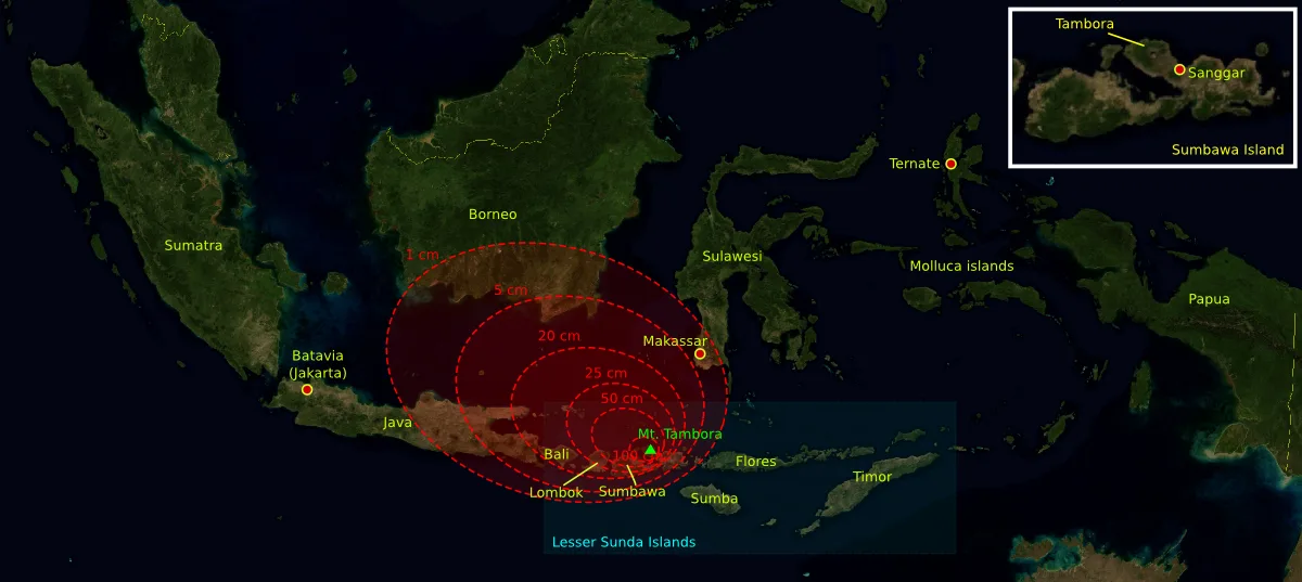 Estimated depth of volcanic ashfall during the 1815 eruption—the outermost region (1 cm) reached Borneo and the Sulawesi