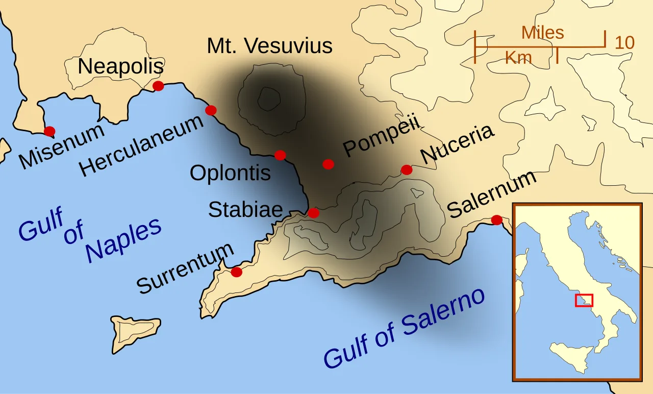 Pompeii and Herculaneum, as well as other cities affected by the eruption of Mount Vesuvius. The black cloud represents