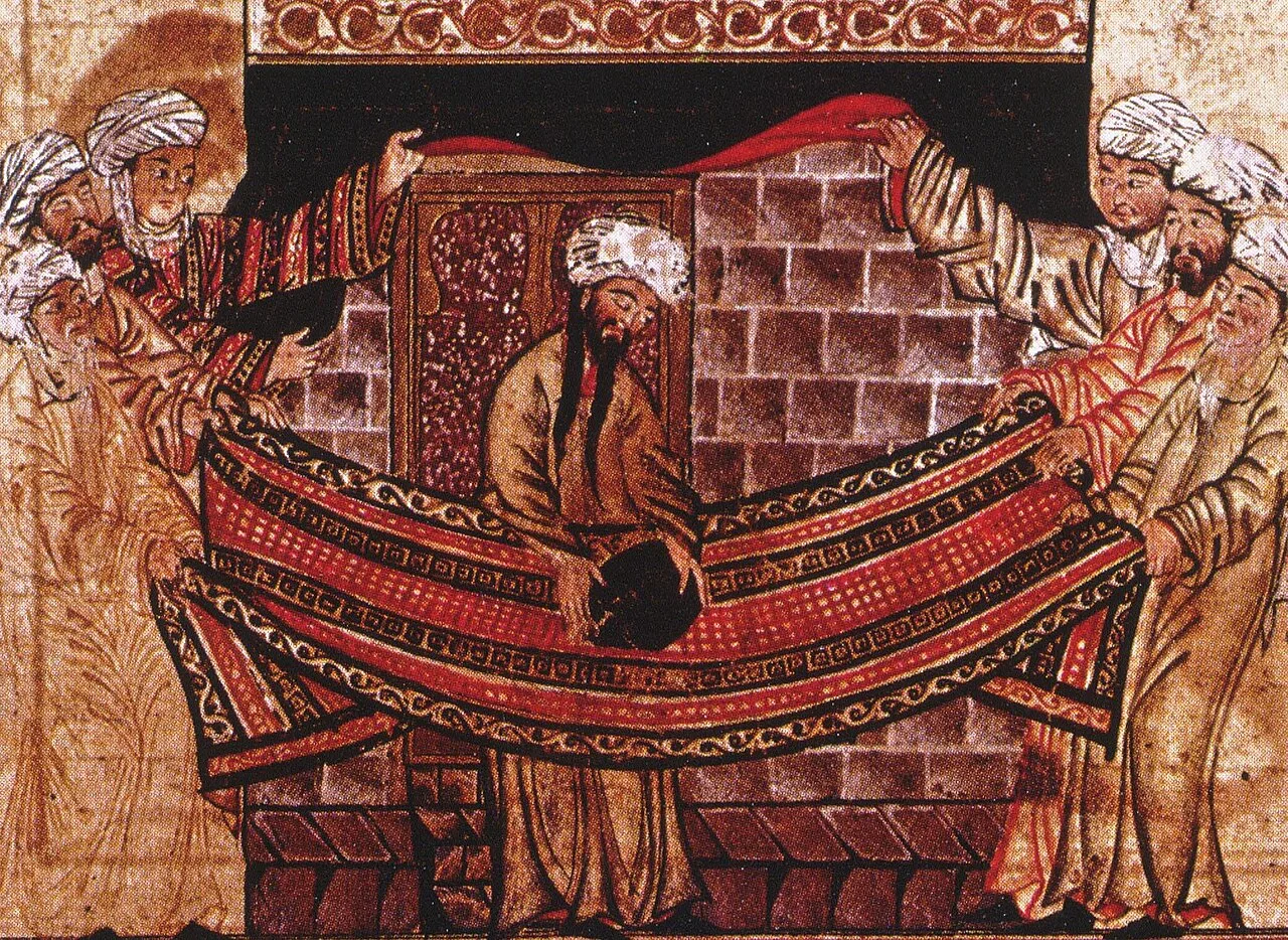 Miniature from Rashid al-Din Hamadani's Jami al-Tawarikh, c. 1315, illustrating the story of Muhammad's role in re-setti