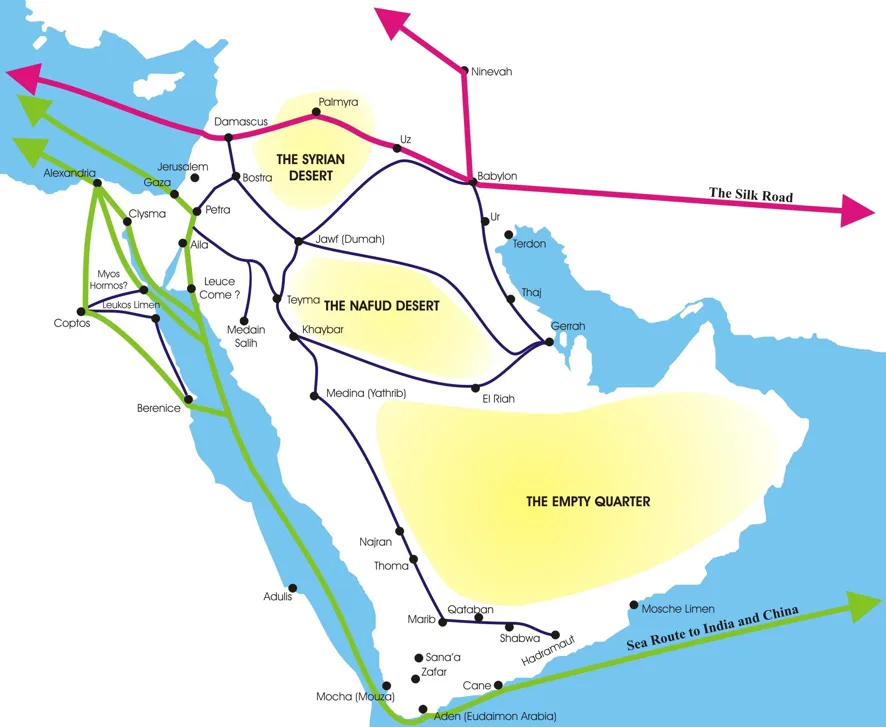 Trading routes of the ancient Middle East, when Petra was the last stop for caravans carrying spices before being shippe