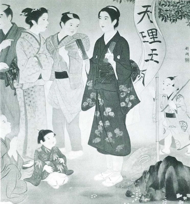 Depiction of Nakayama Kokan spreading the divine name Tenri-O-no-Mikoto (天理王命) in Osaka.