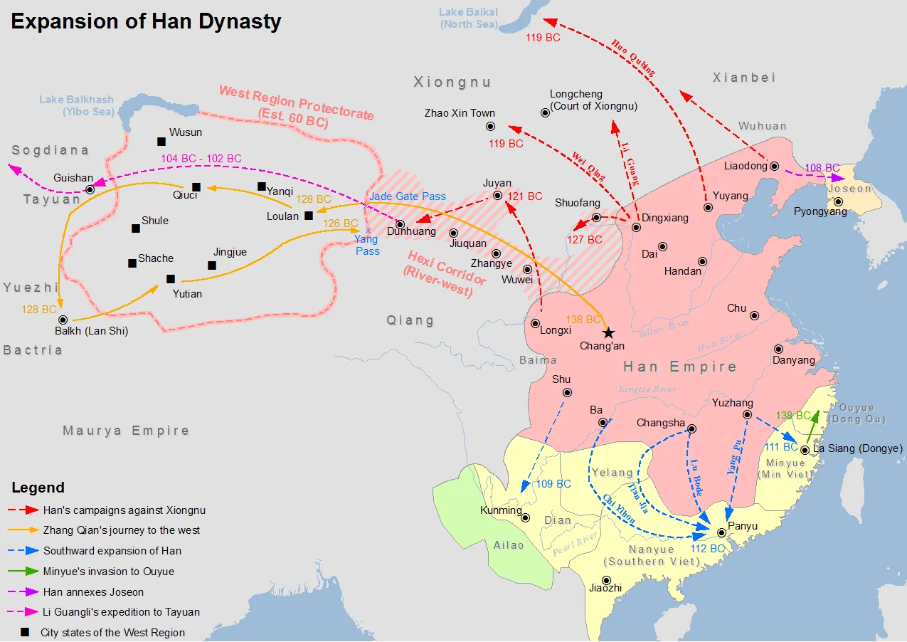 Map showing the expansion of Han dynasty in the 2nd century BC