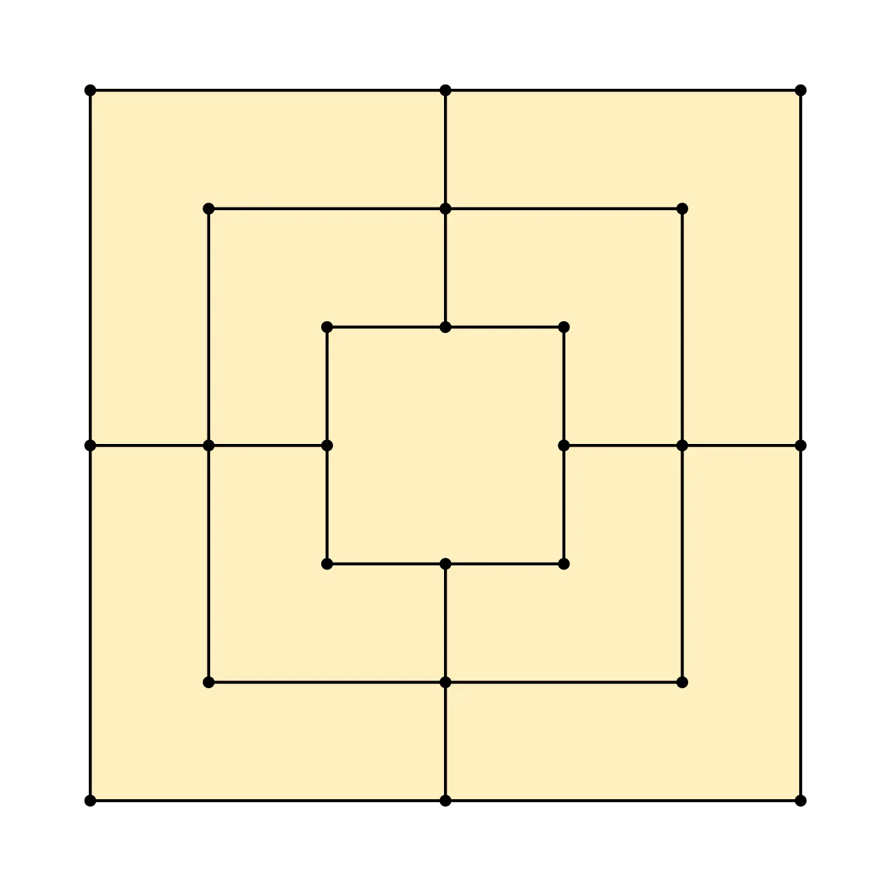Nine men's morris starts on an empty board.