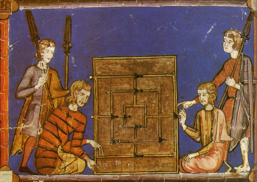 A 13th-century illustration in Libro de los juegos of the game being played with dice