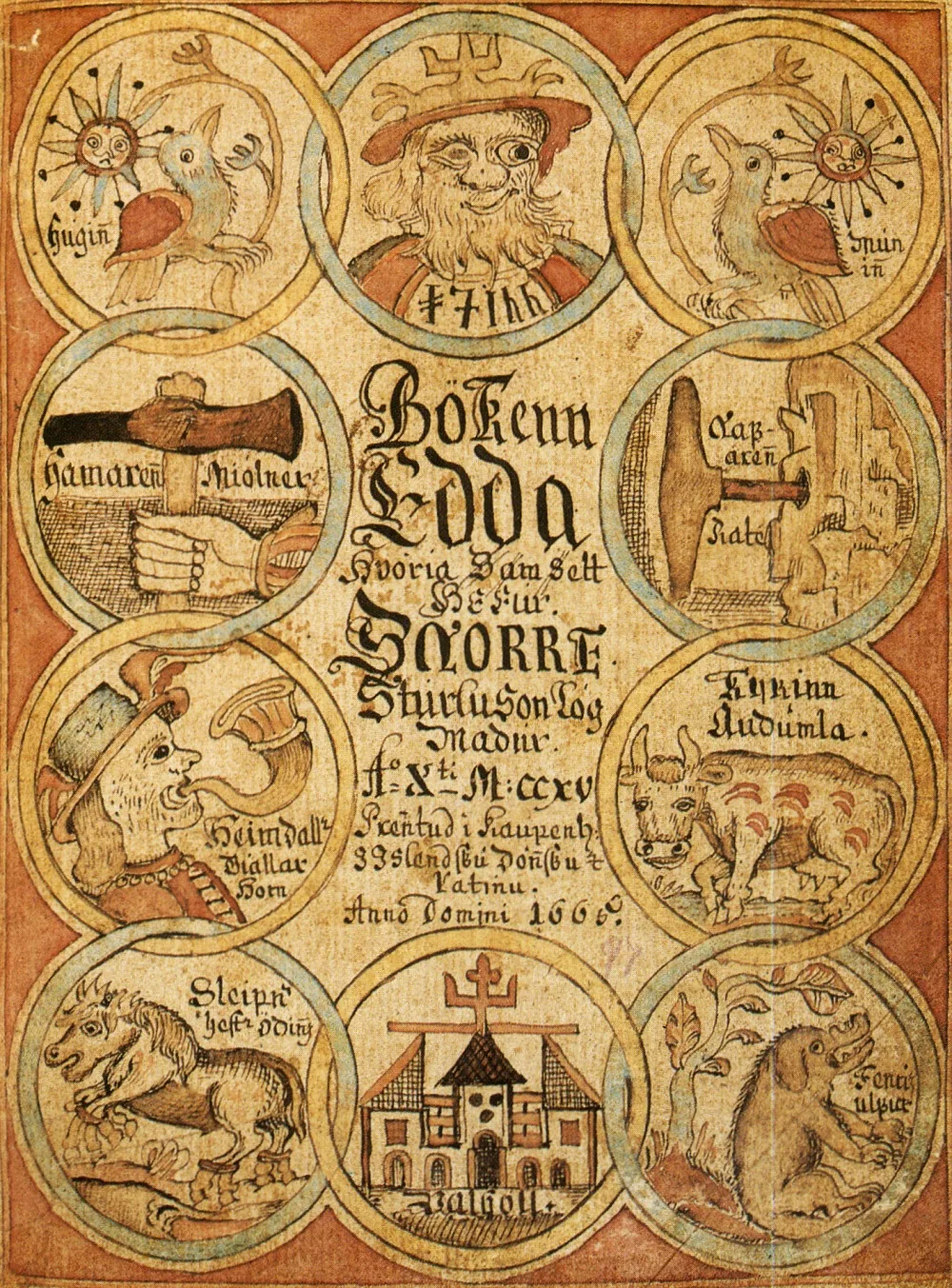 Title page of a late manuscript of the Prose Edda written by Snorri Sturluson (13th century), showing the Ancient Norse