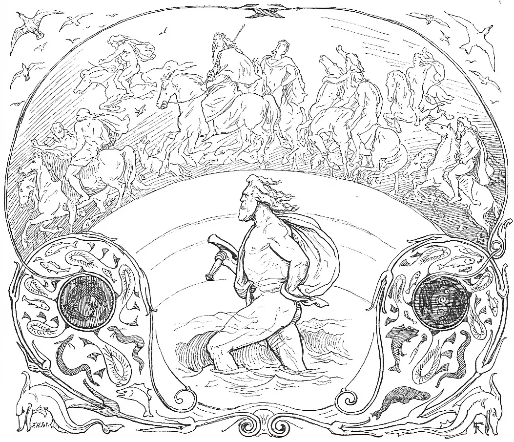 The god Thor wades through a river, while the Æsir ride across the bridge, Bifröst, in an illustration by Lorenz Frølich