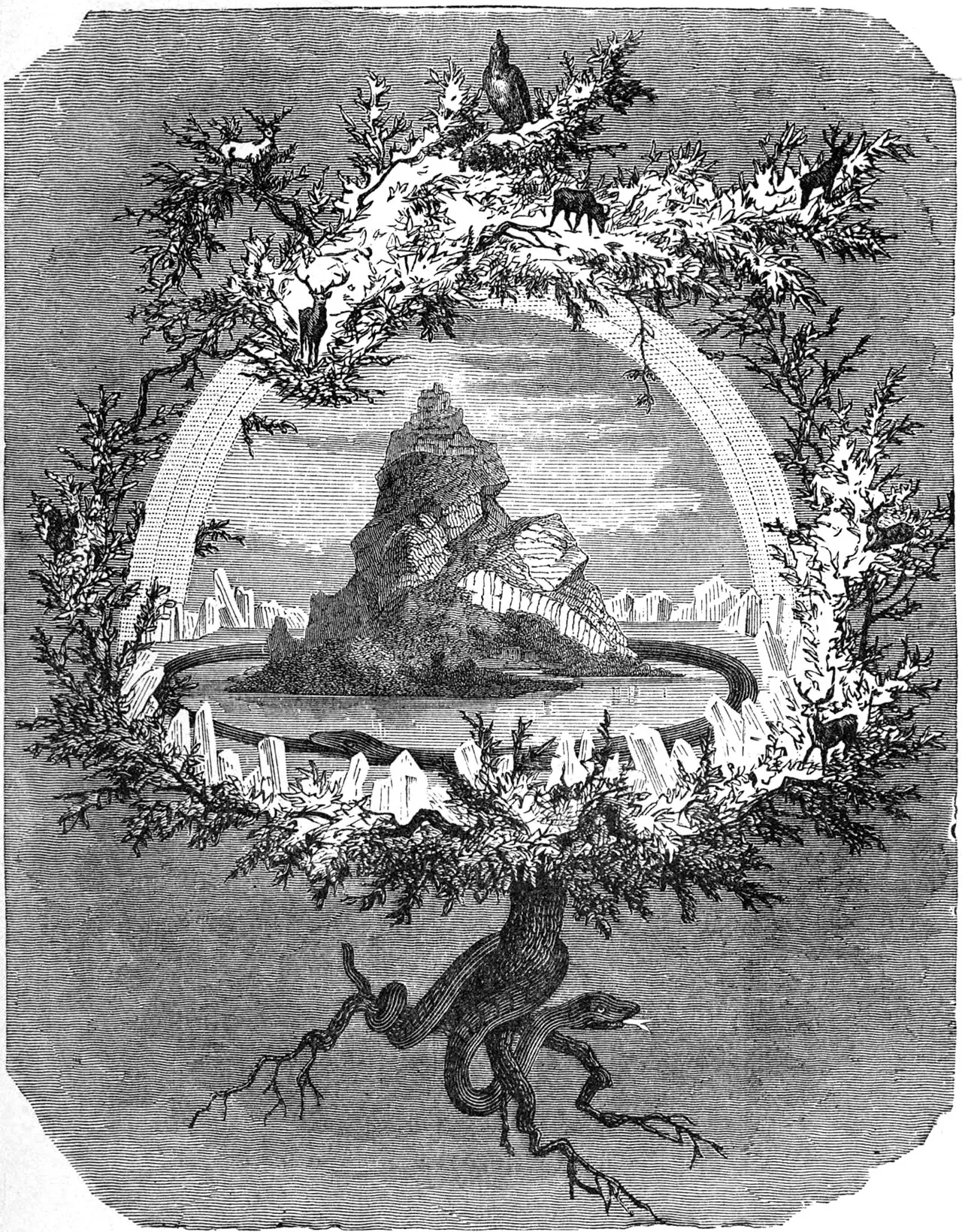 The cosmological, central tree Yggdrasil is depicted in The Ash Yggdrasil by Friedrich Wilhelm Heine (1886).