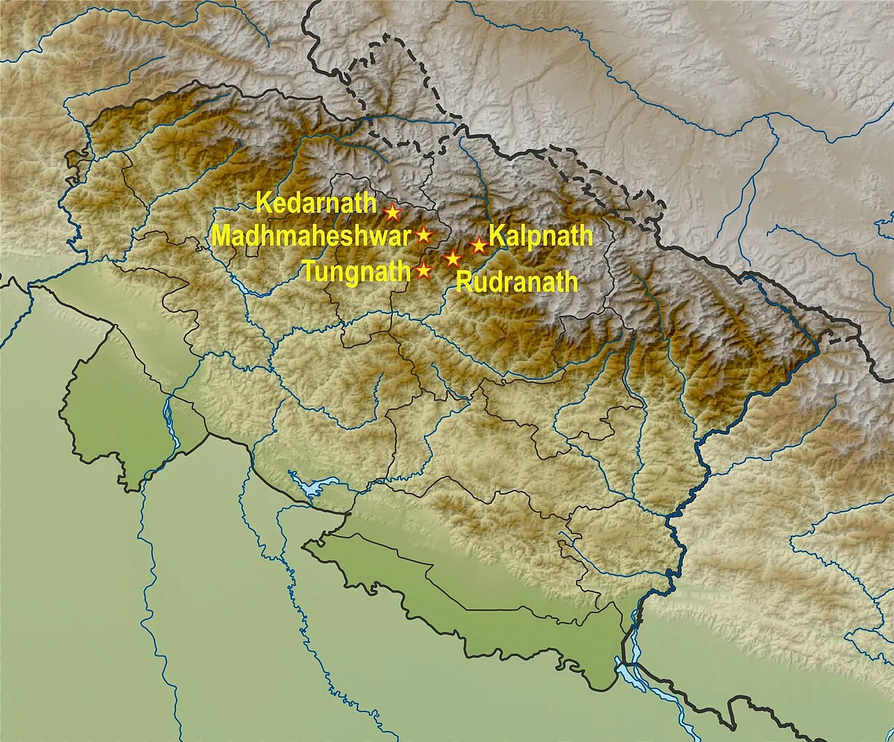 A map showing the Panch Kedar Hindu Tirtha sites, Uttarakhand India