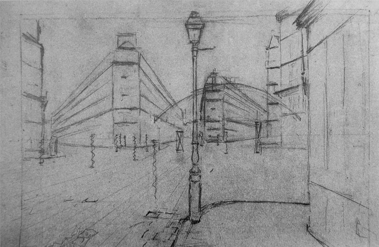 Photo of a freehand architectural sketch of a major urban intersection
