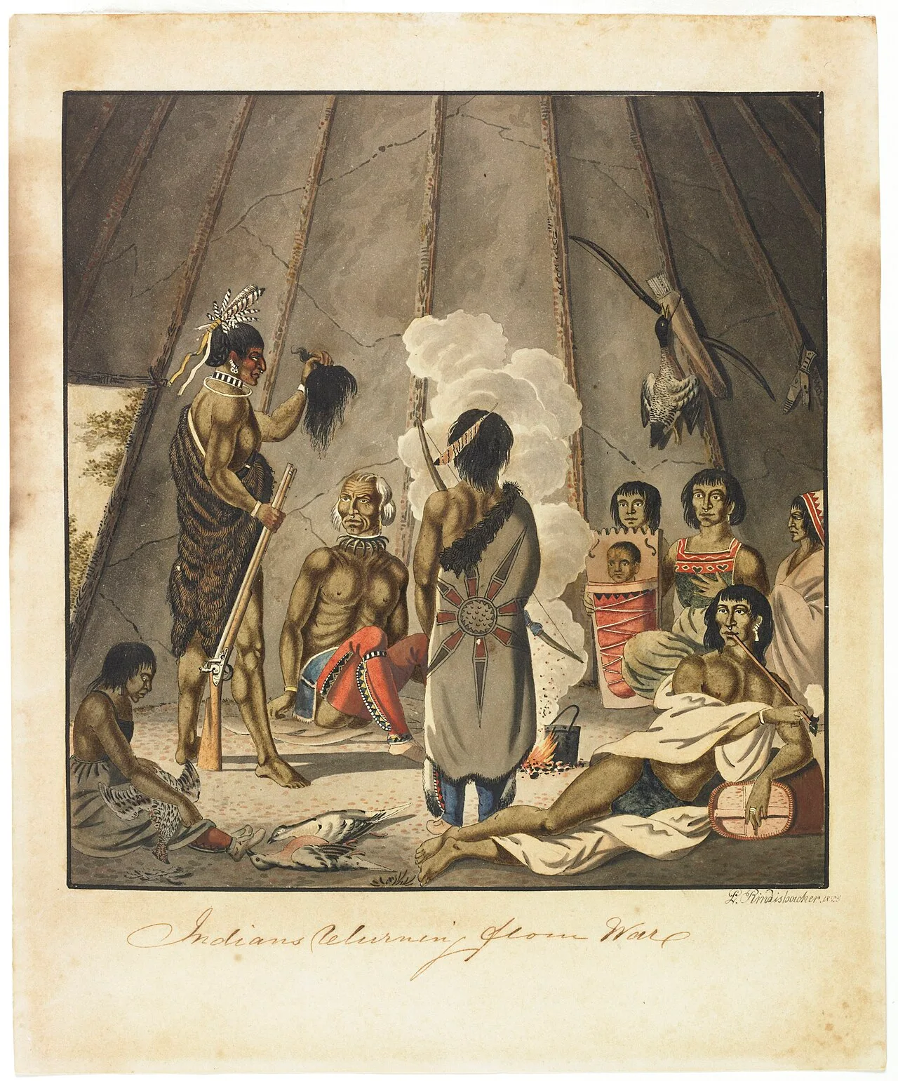 Illustration of Native American men returning from war, illustrated by Peter Rindisbacher in 1825; note passenger pigeon