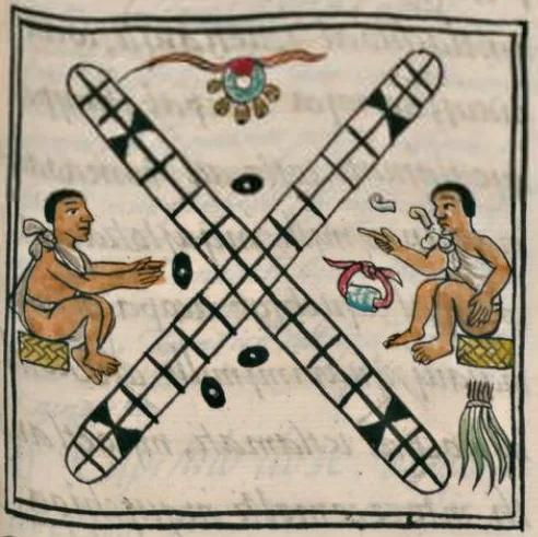 Patolli as depicted in Bernardino de Sahagún's General History of the Things of New Spain. Skilled players had their own