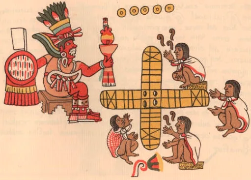 Patolli game being watched by Macuilxochitl as depicted on page 048 of the Codex Magliabechiano.[2][3]