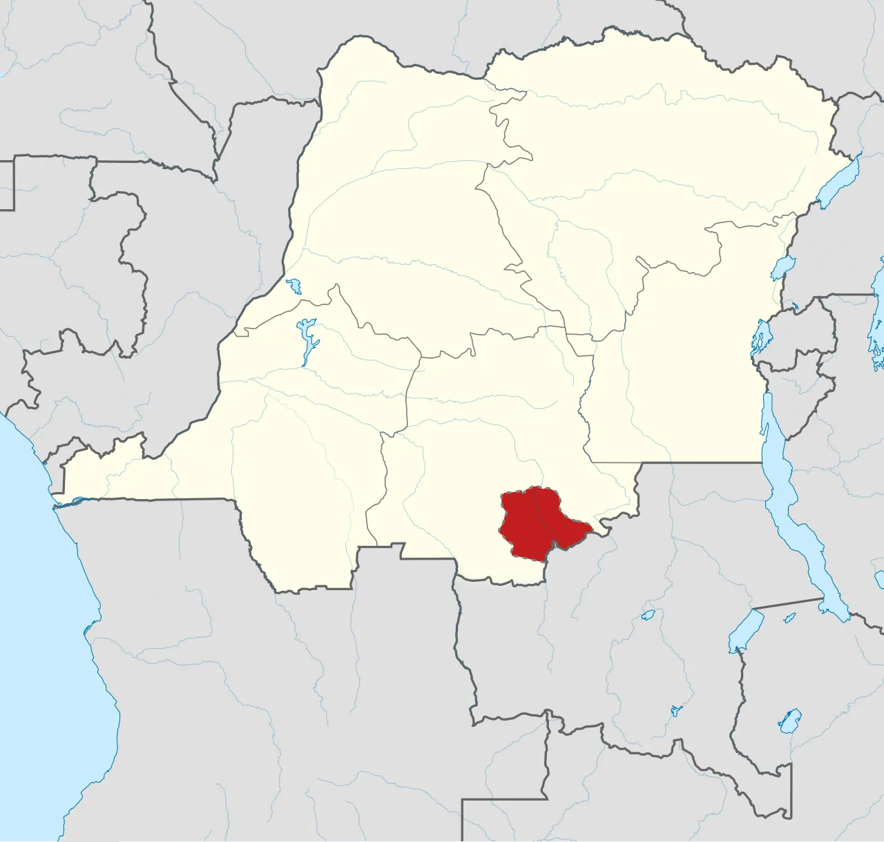 Map of the Congo in 1961, with South Kasai highlighted in red, bordered to the south by the State of Katanga