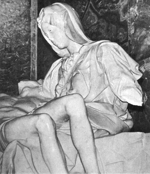 A detail view of the statue with damaged arm, nose and eye, May 1972