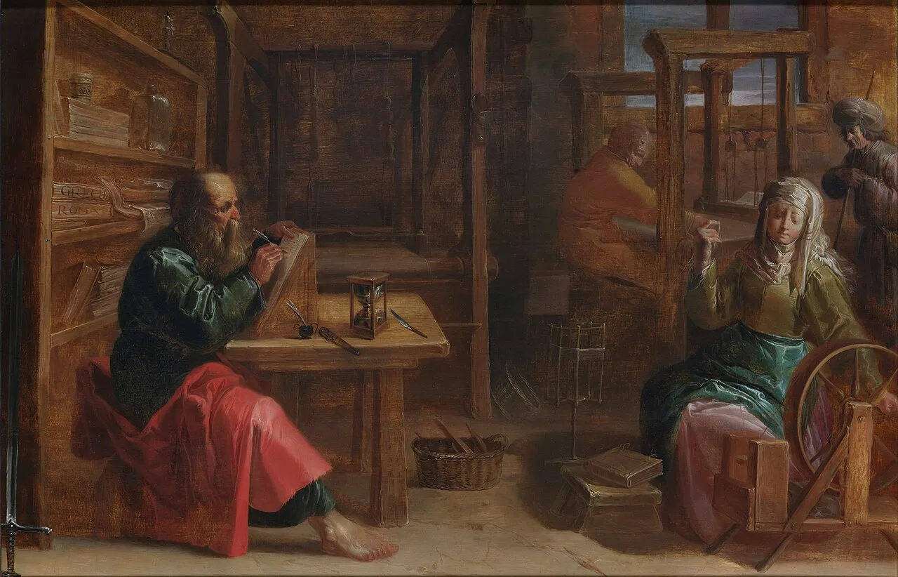 Paul staying in the house of Saints Aquila and Priscilla by Jan van de Venne, 17th century: Paul is at left, writing a l