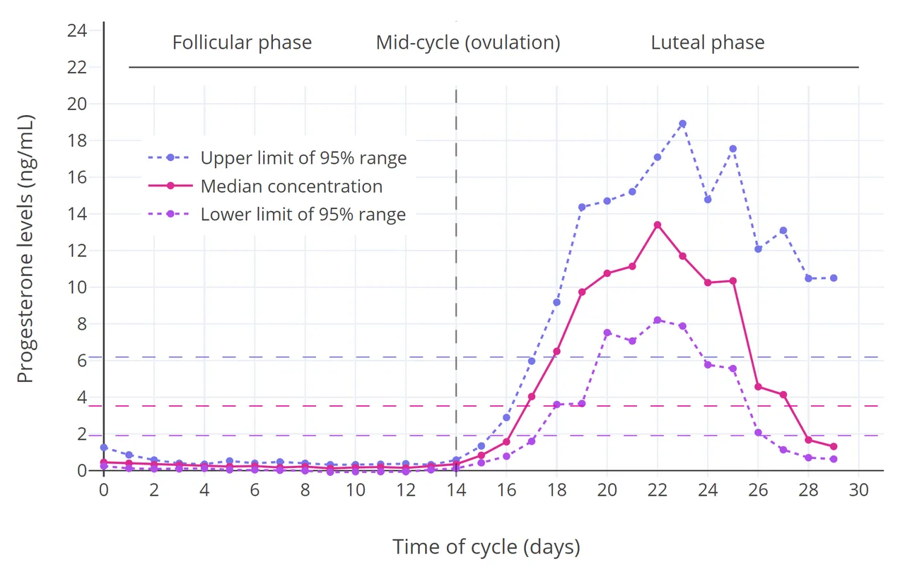 Progesterone levels across the menstrual cycle in normally cycling and ovulatory women.[132] The horizontal lines are th