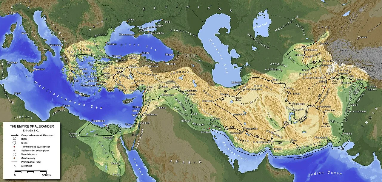 Map of Alexander the Great's empire and the route he and Pyrrho took to India