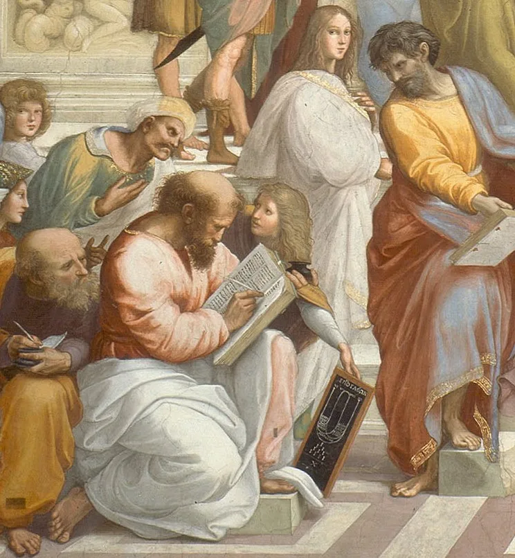 In Raphael's fresco The School of Athens, Pythagoras is shown writing in a book as a young man presents him with a table
