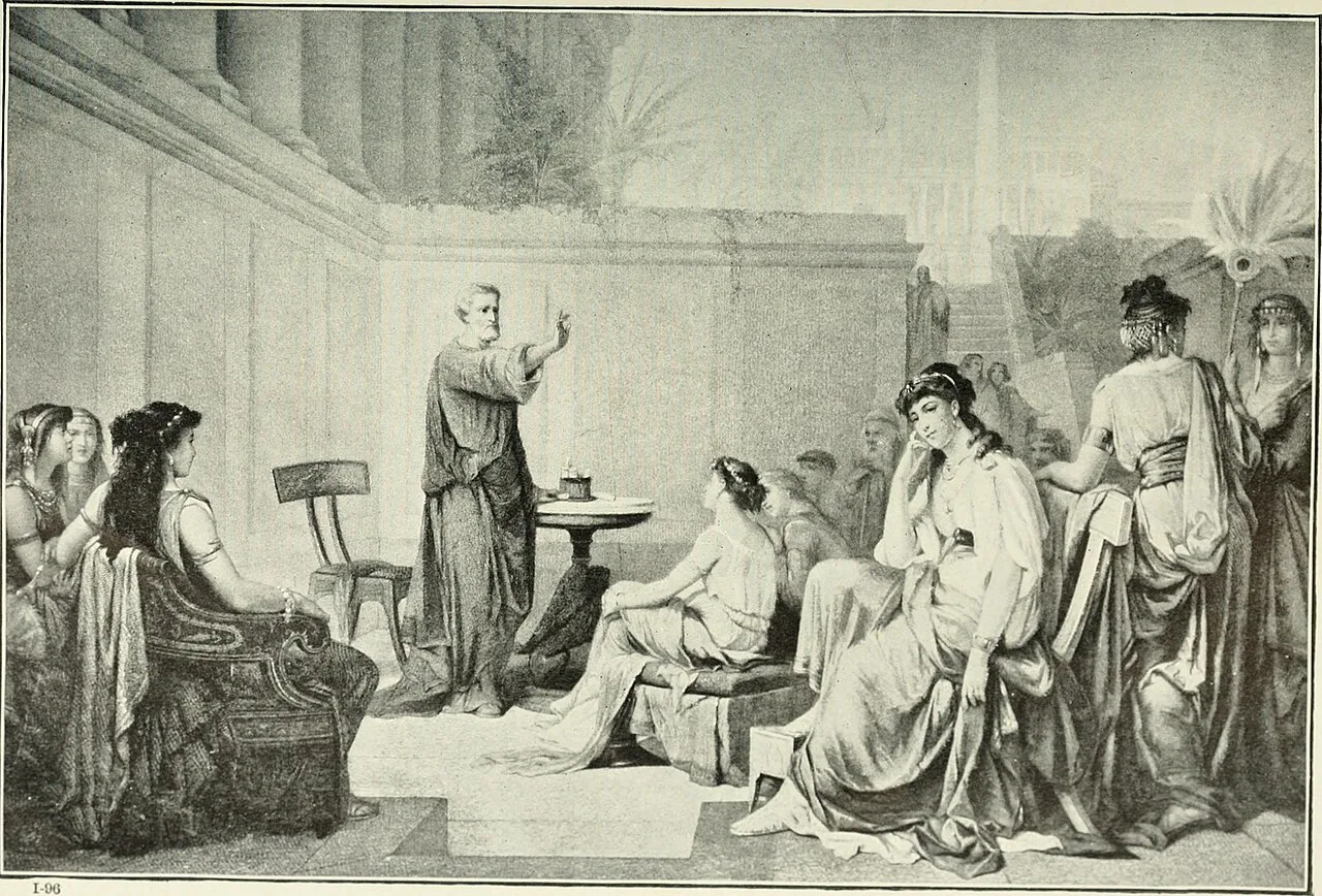 Illustration from 1913 showing Pythagoras teaching a class of women