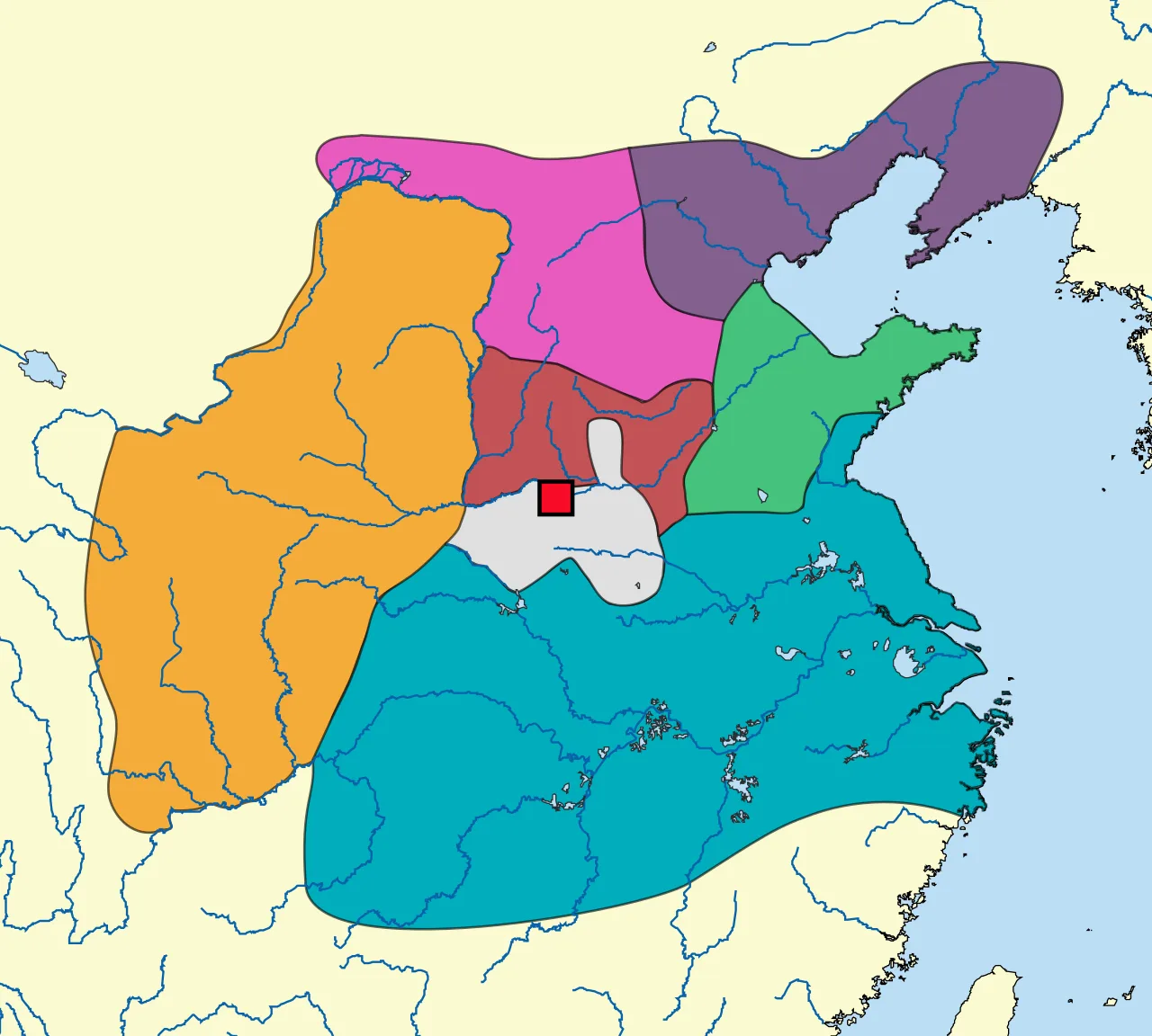 Territories of the Seven Warring States c. 250 BC, with the former capital of the Zhou royal family at Luoyang marked .m