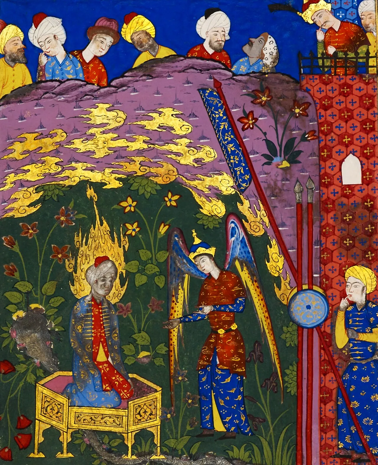 Islamic Persian miniature of Jibril protecting Ibrahim from Nimrod's fire.
