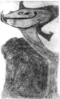 Black-and-white photograph of a stylised sketch depicting a tribal funerary mask.